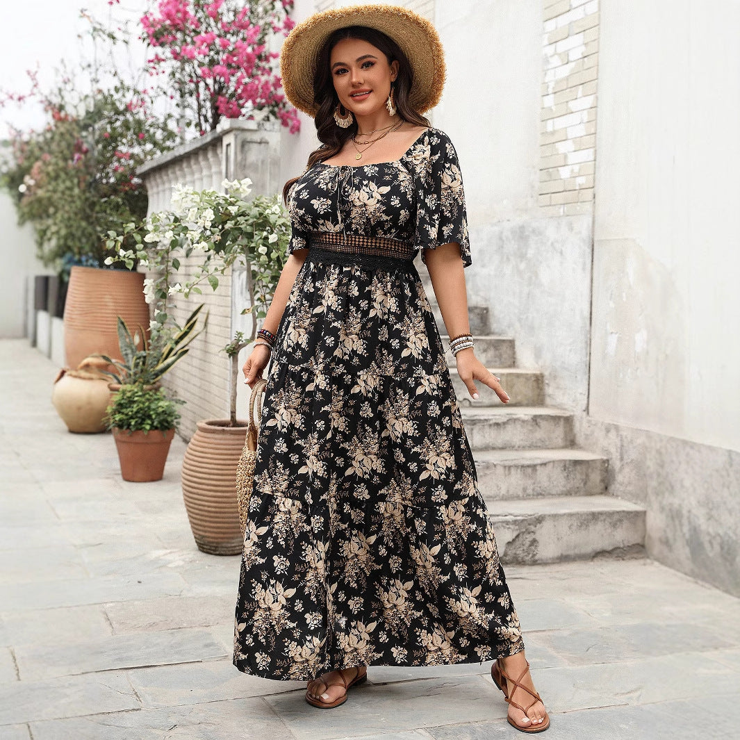 Dress Spring Retro Square Collar Printed Dresses