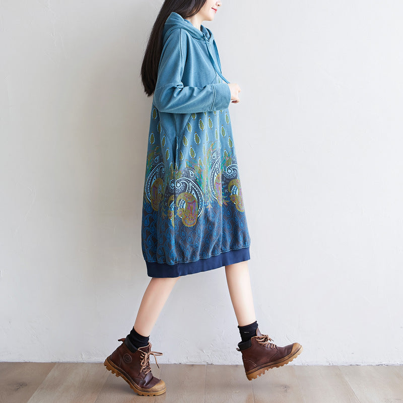 Women's Ethnic Print Hooded Mid-length Dress Lang Sweaters