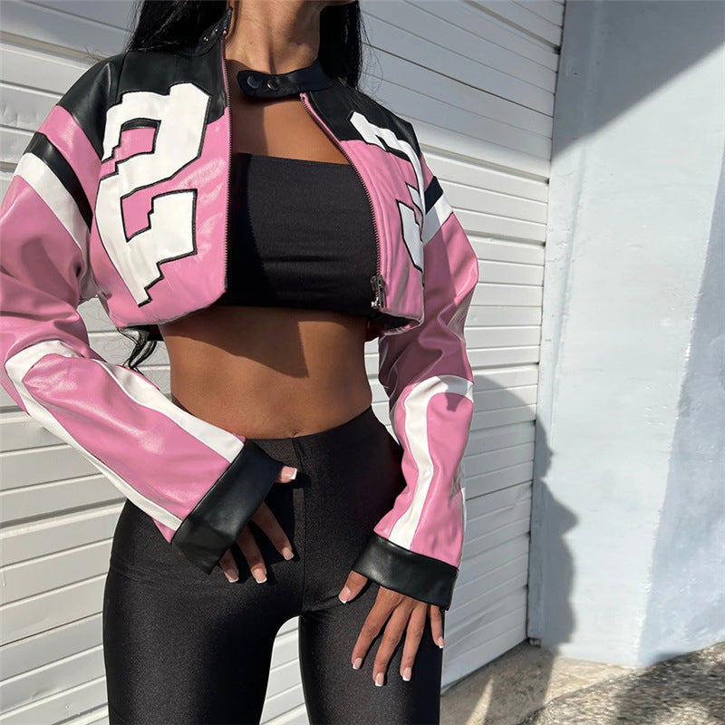 Women's Fashion Motorcycle Contrast Color Embroidery Stitching Slim Clothing