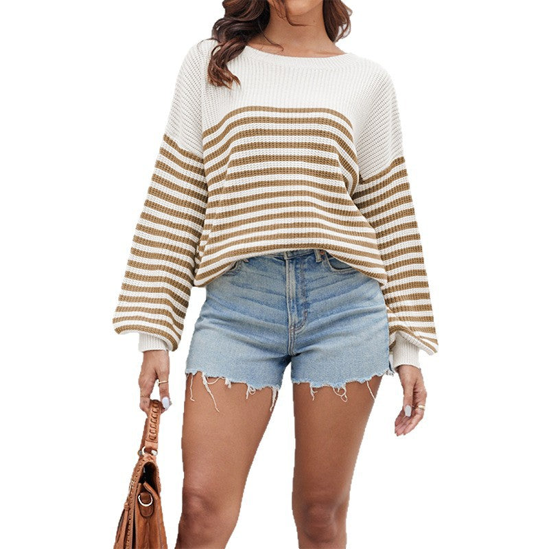 Women's Striped Color Matching Long Sleeve Round Plus Size