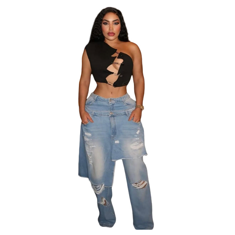 Casual Stretch Fashion Apron Ripped Straight Jeans