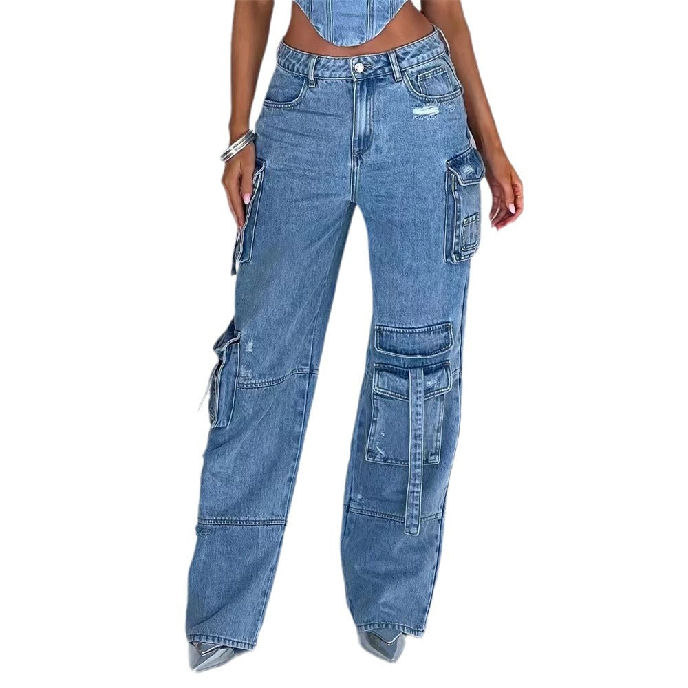 Women's Low Waist Three-dimensional Pocket Stitching Autumn Loose Draping Jeans