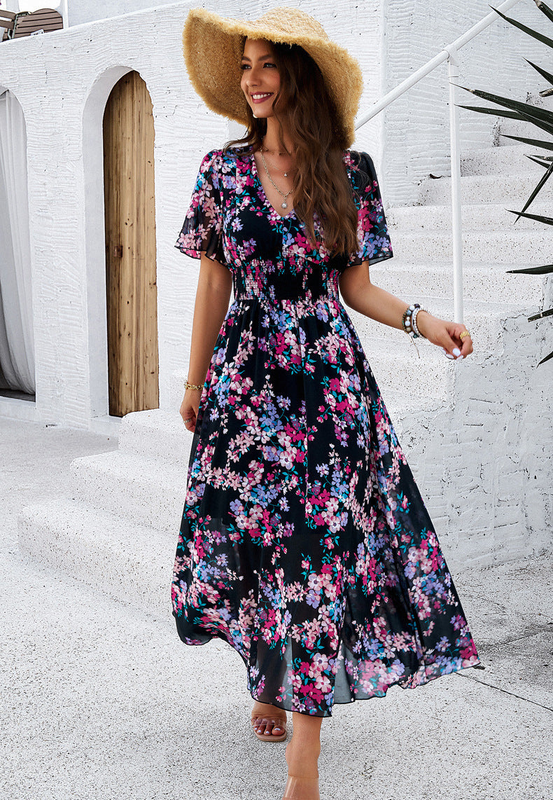Women's Temperament Printed Waist Trimming Short-sleeved Chiffon Clothing