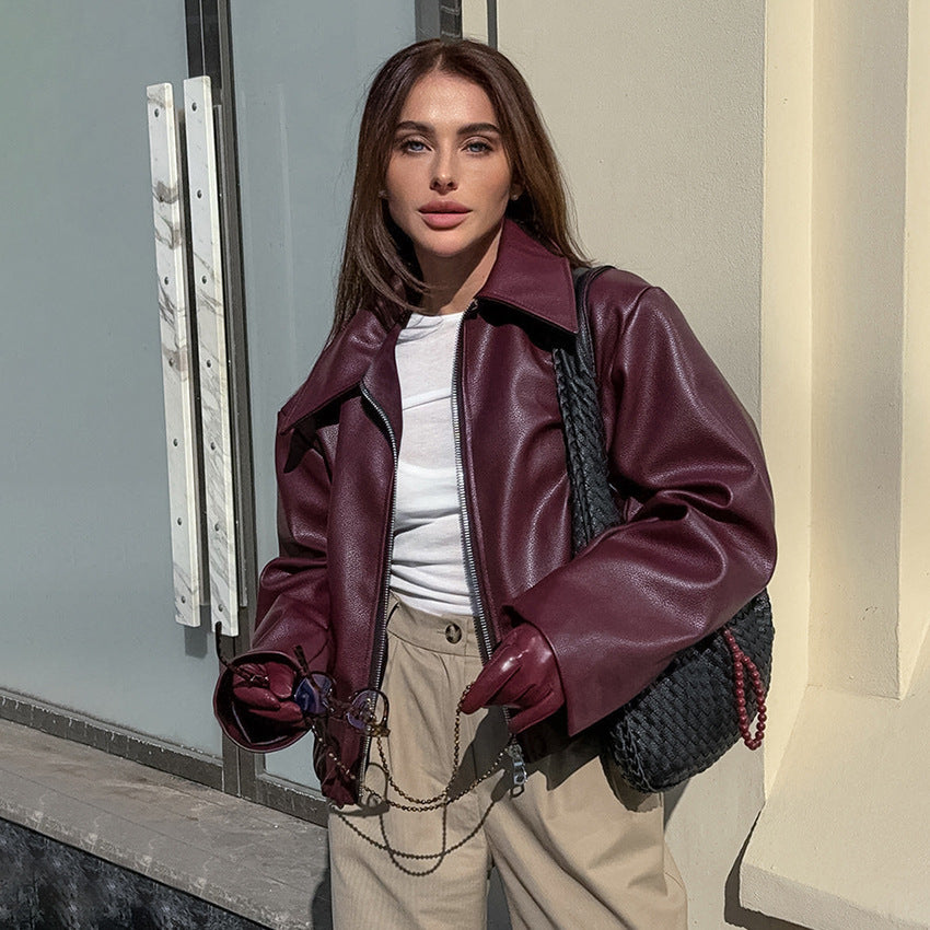 Women's Style Wine Red Leather Autumn Fashionable Jackets