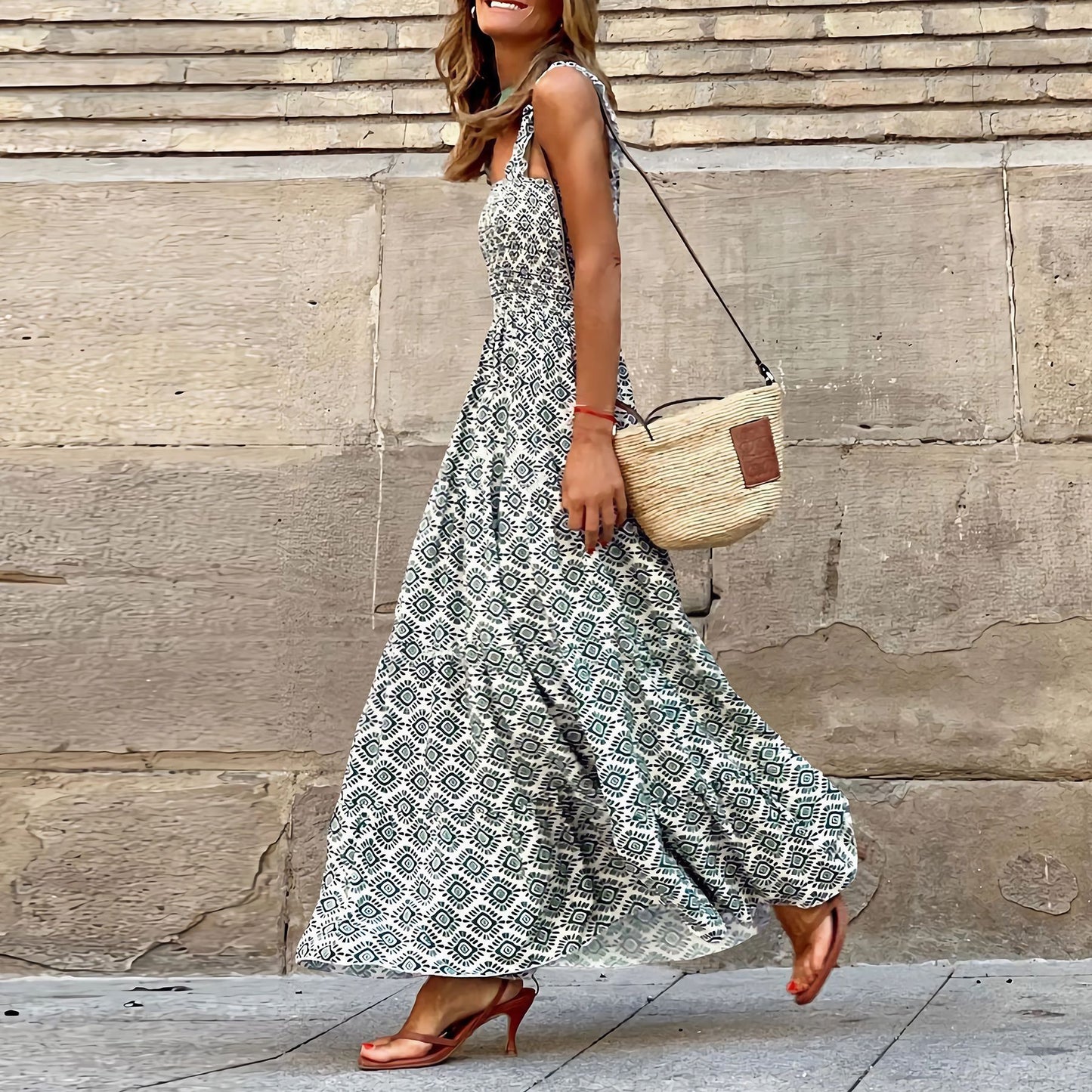 Women's Elegant Printed Elastic Suspender Vacation Style Dresses