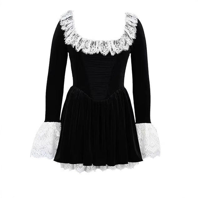 Women's Style Square Collar Black Lace Mini Dresses