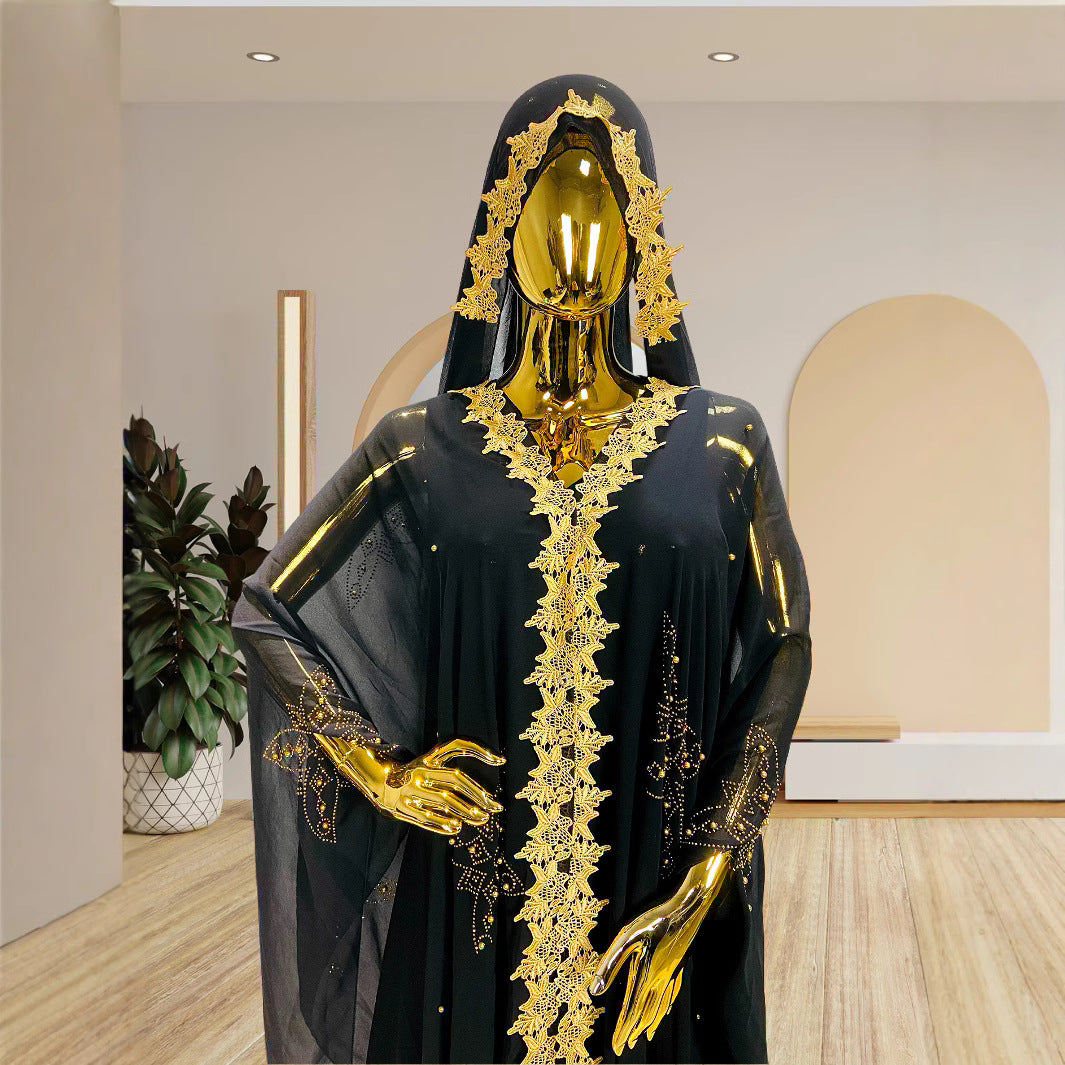 Women's Embroidery Lace Muslim Dress African Hooded Blouses