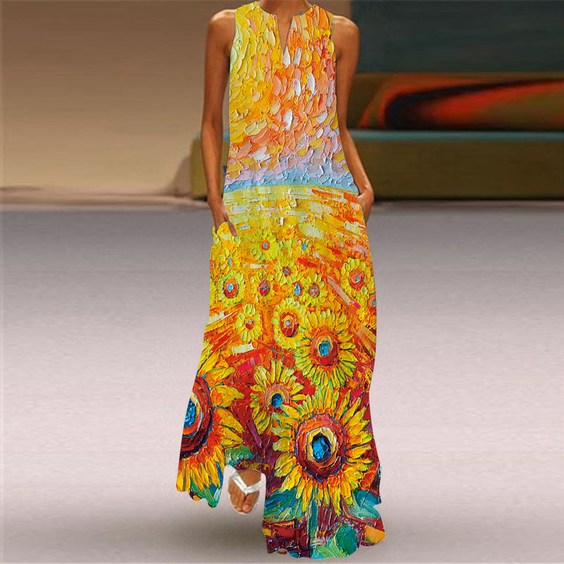Vintage Printed Long Dress Collar Sexy Dresses