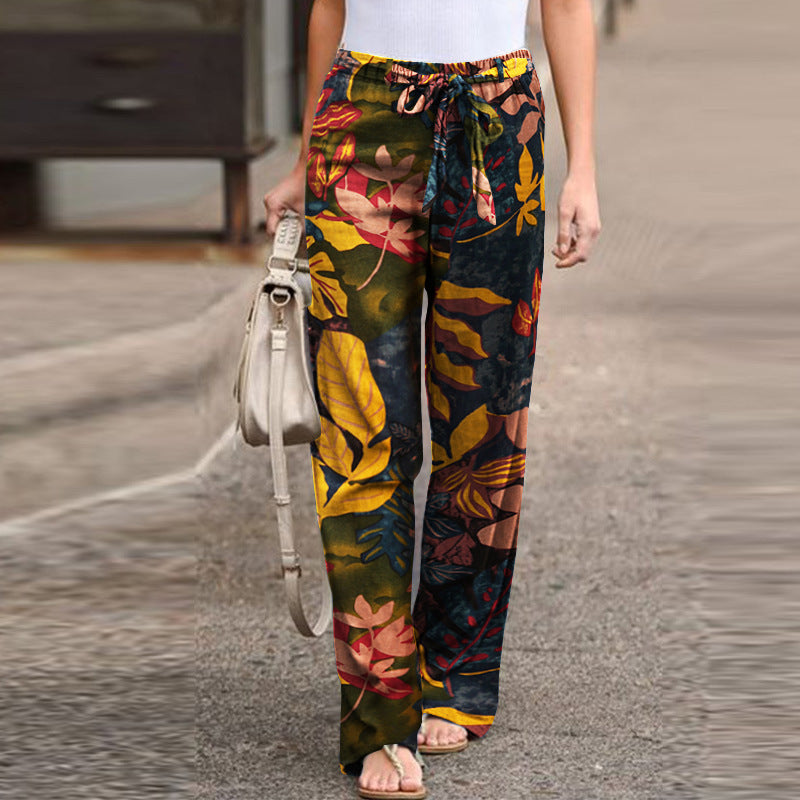 Women's Printed Cotton Linen Casual Comfortable Elastic Pants