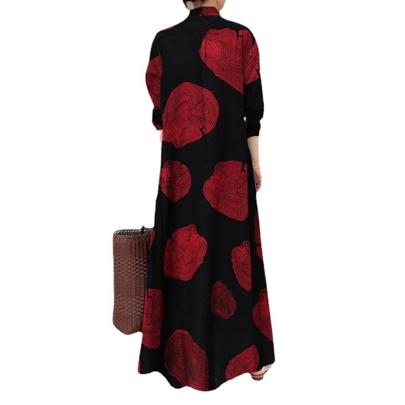 Muslim Cotton Linen Printing Lapel Long Sleeve Simple Dresses