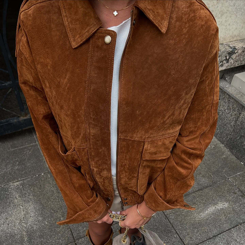 Women's Autumn Fashion Casual Suede Texture Bomber Jackets