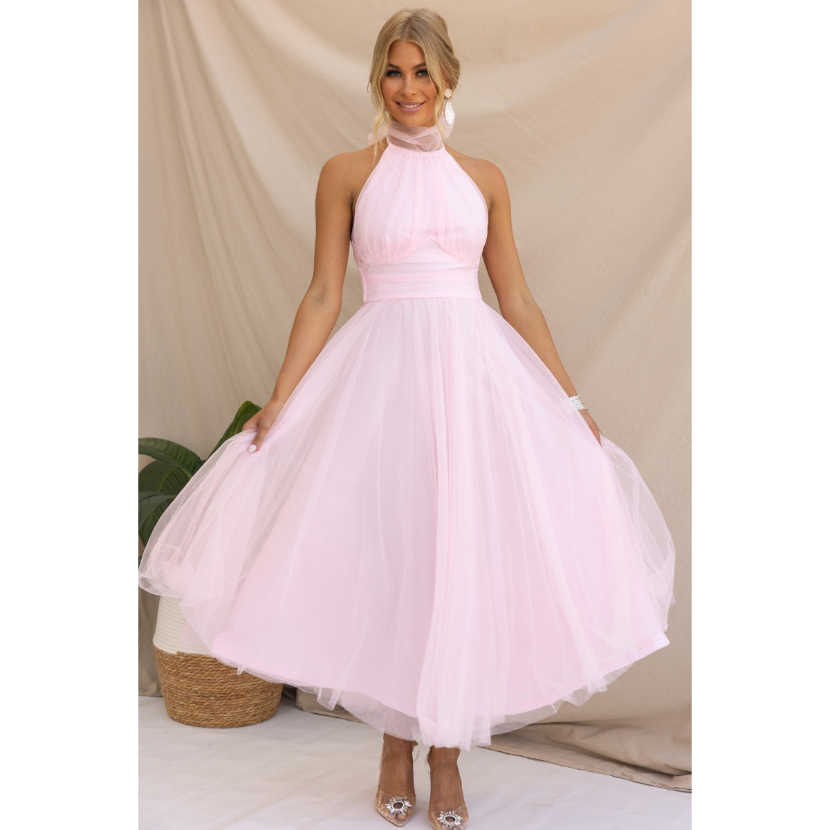 Halter Mesh Turtleneck Dress Leisure Vacation Dresses