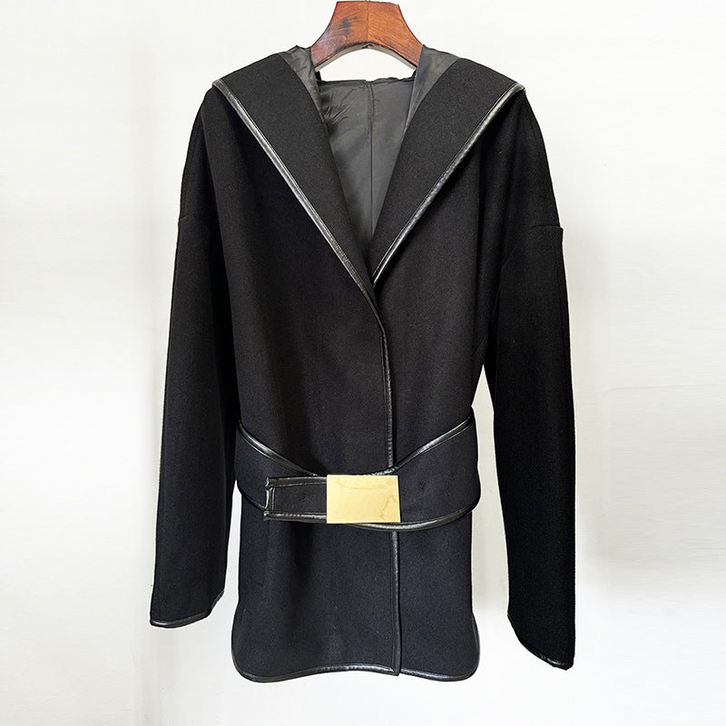 Hooded Belt Batwing Sleeve Mid-length Woolen Jackets