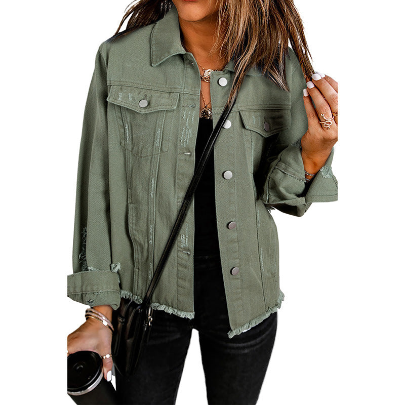 Women's Solid Color Single Row Washed Denim Cardigans