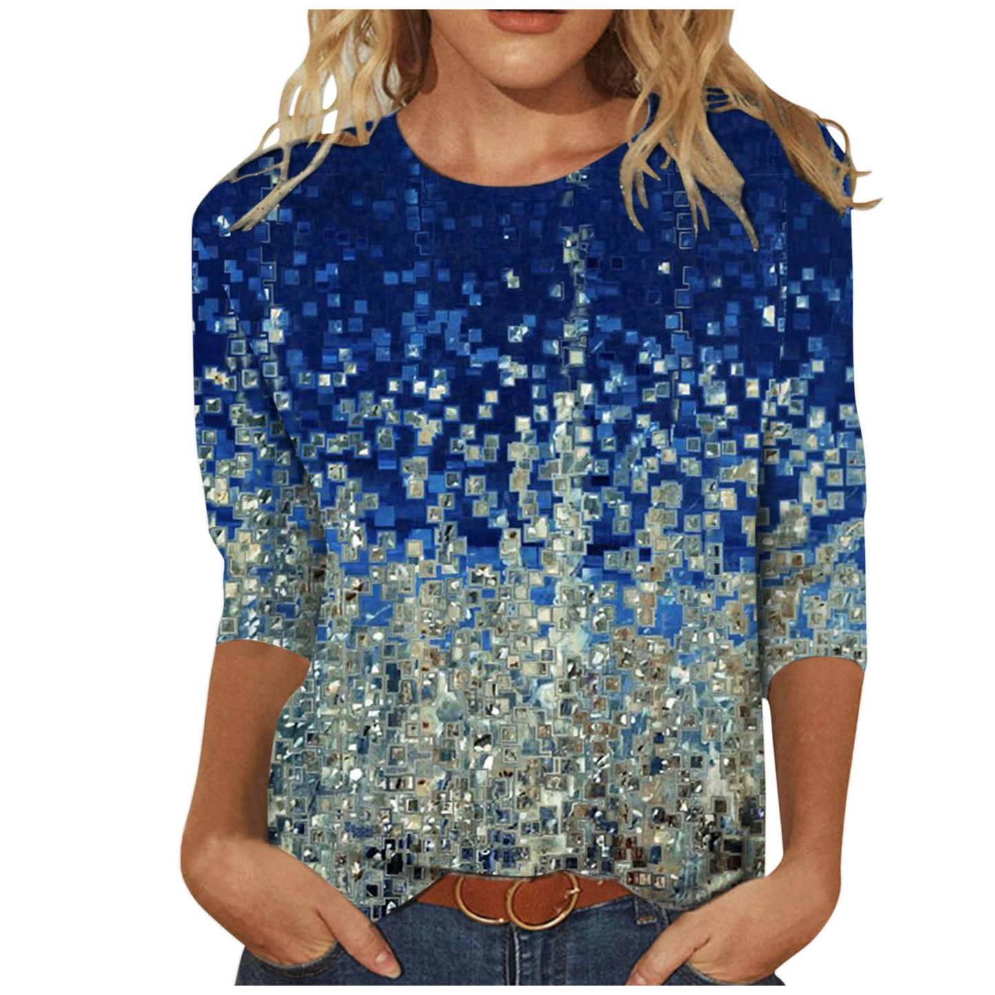 Women's Round Neck Long Sleeve Loose Print Blouses