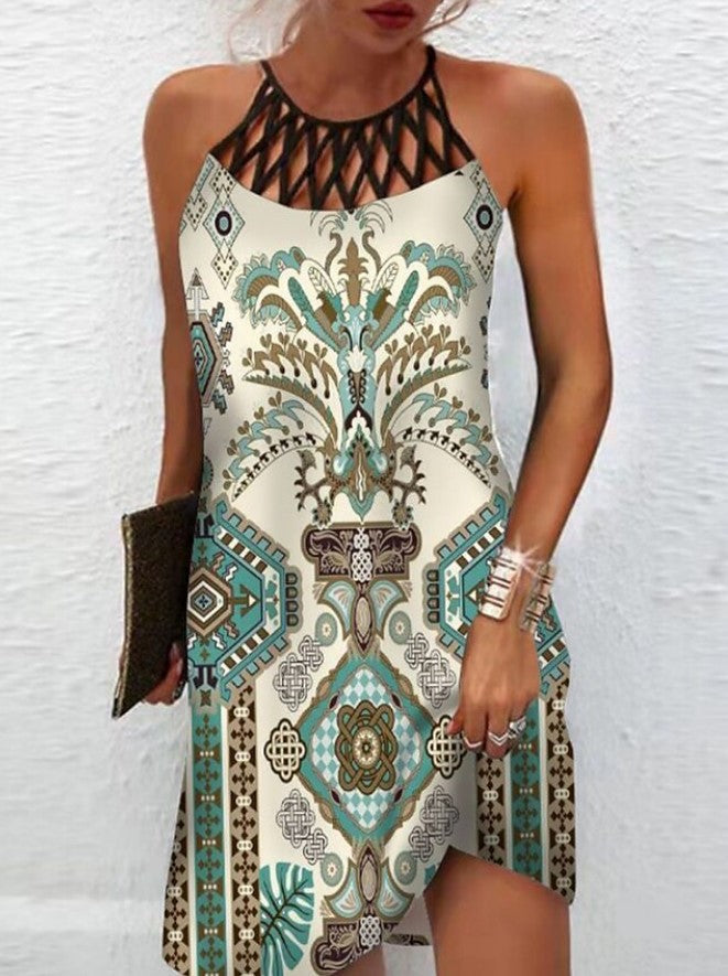 Women's Style Positioning Printed Mesh Sleeveless Casual Dresses