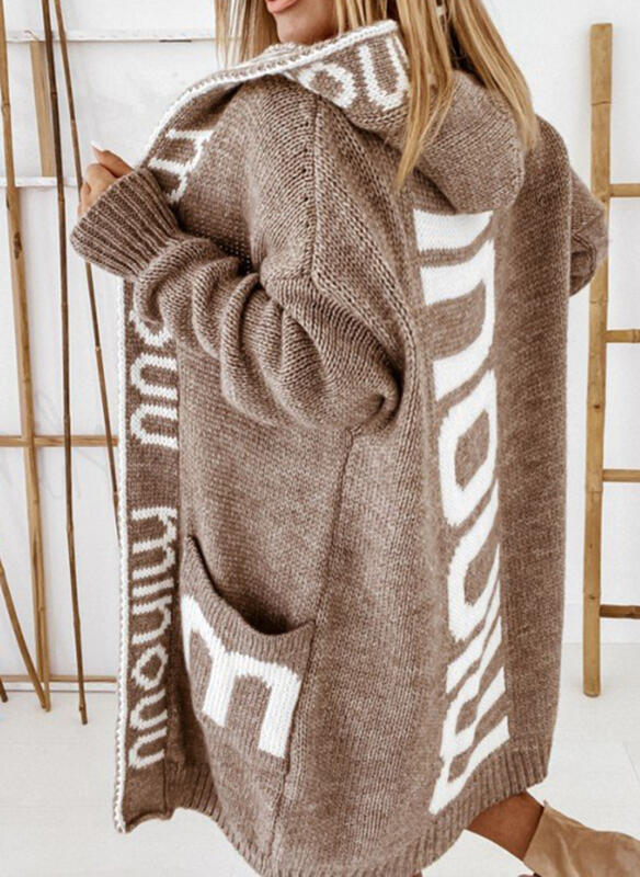 Women's Fashion Mid-length Hooded Letter Knitted Coats