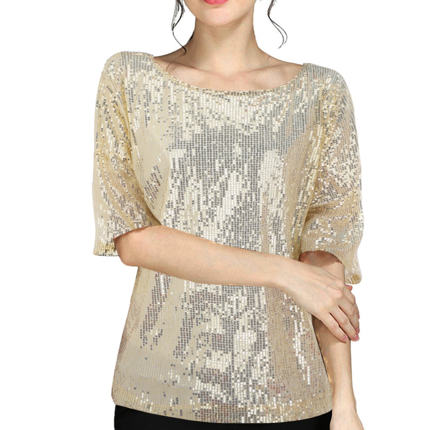 Women's Summer Sleeve Solid Color Sequin Sequined T-shirt Knitwear
