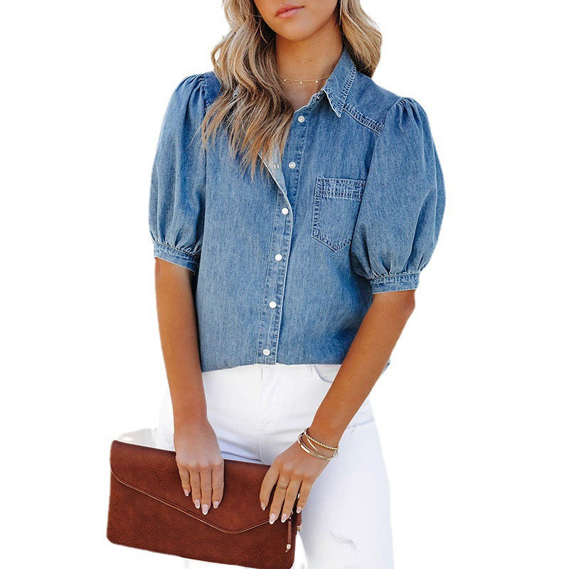 Women's Princess Sleeves Lapel Thin Denim Shirt Blouses