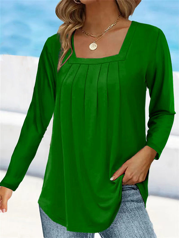 Women's Pleated Square Collar Long Sleeve Imitation Blouses