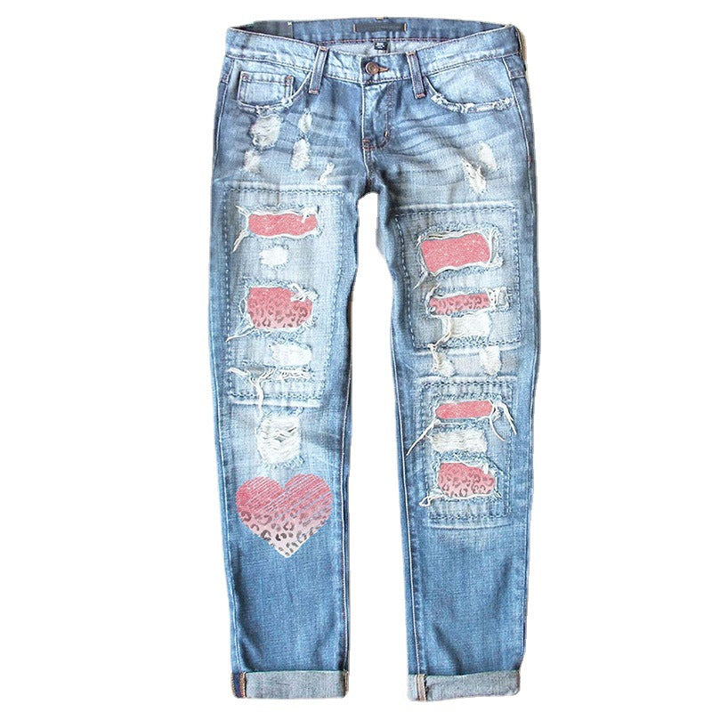 Women's Street Lover Printed Ripped Straight Denim Jeans