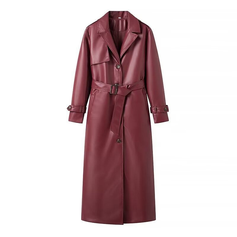 Women's Lapel With Belt Long Faux Leather Coats