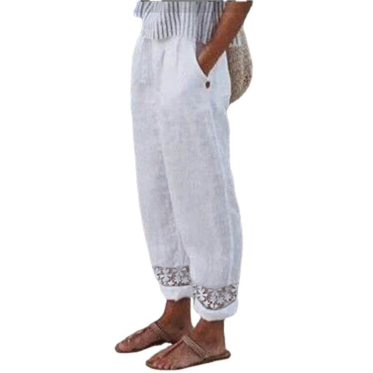 Women's Autumn Woven Cotton Linen Lace Pocket Pants