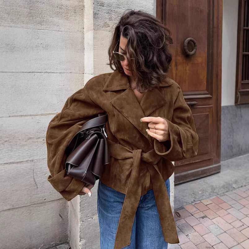 Women's Suede Stomach Blanket Retro Commuter Brown Coats