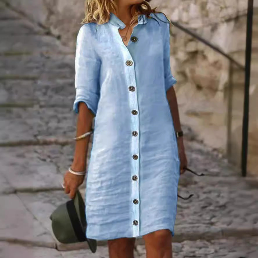 Women's Collar Half Sleeve Large Round Buckle Cotton Dresses