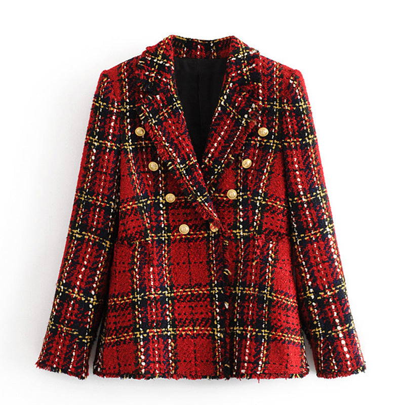 Women's Autumn Woolen Plaid Slim Fit Long Blazers