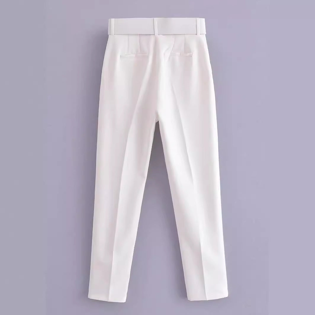 Women's European Spring With Belt Pure White Pants