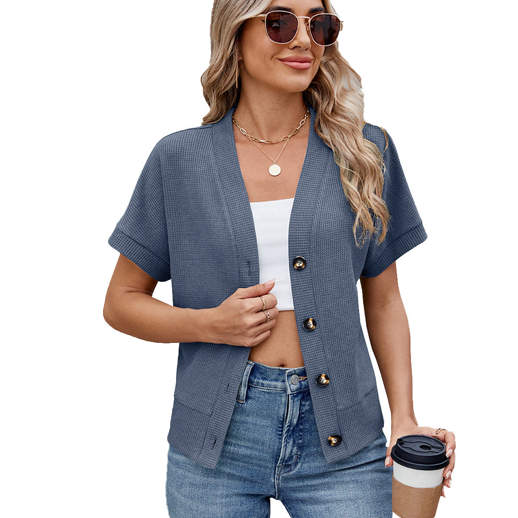 New Waffle Casual Knitted Button Sleeve Women's Sweater