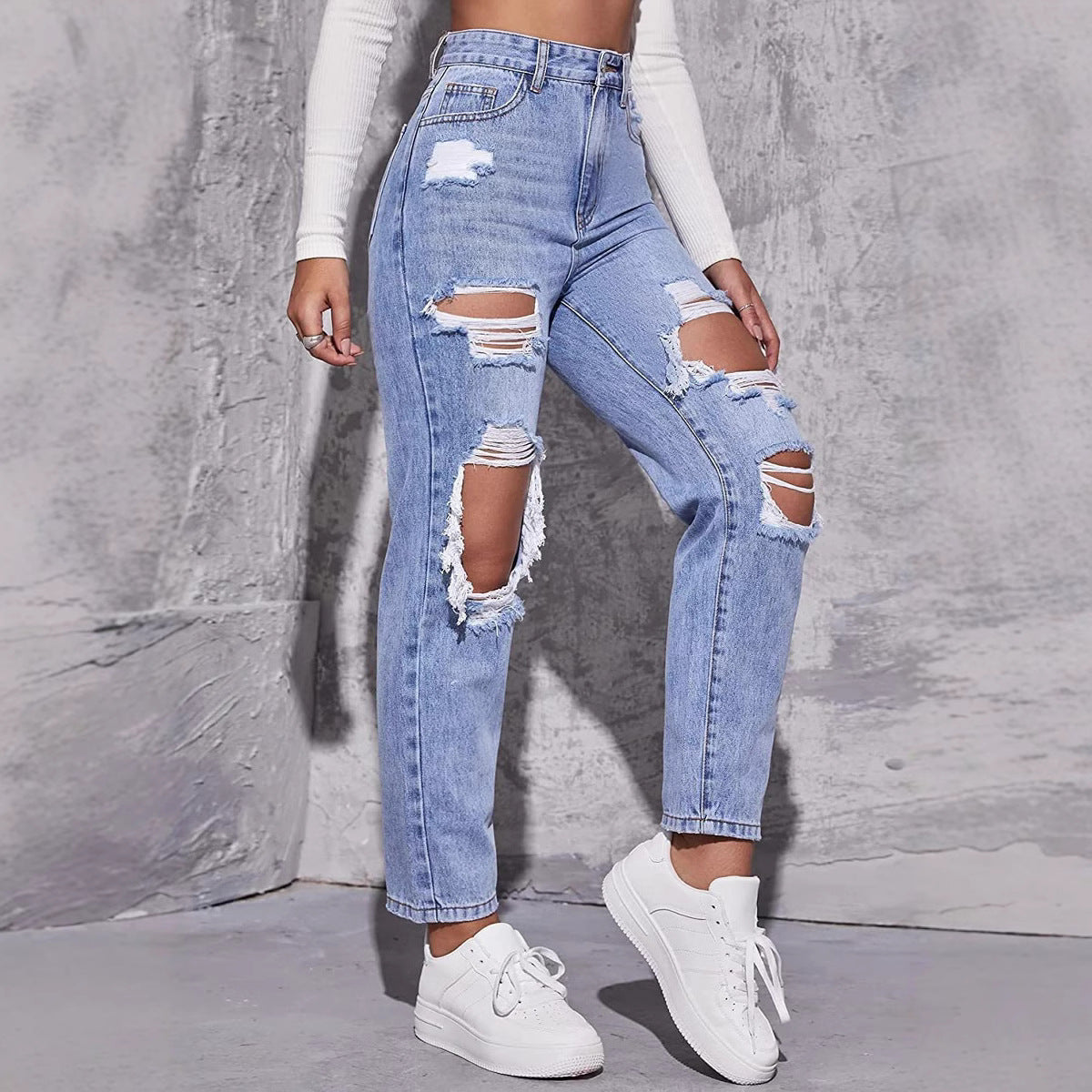 Women's Ripped Washed High Waist Straight Jeans