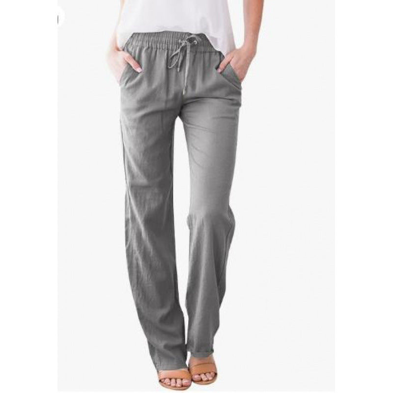 Women's Solid Color Cotton Linen Drawstring Loose Pants