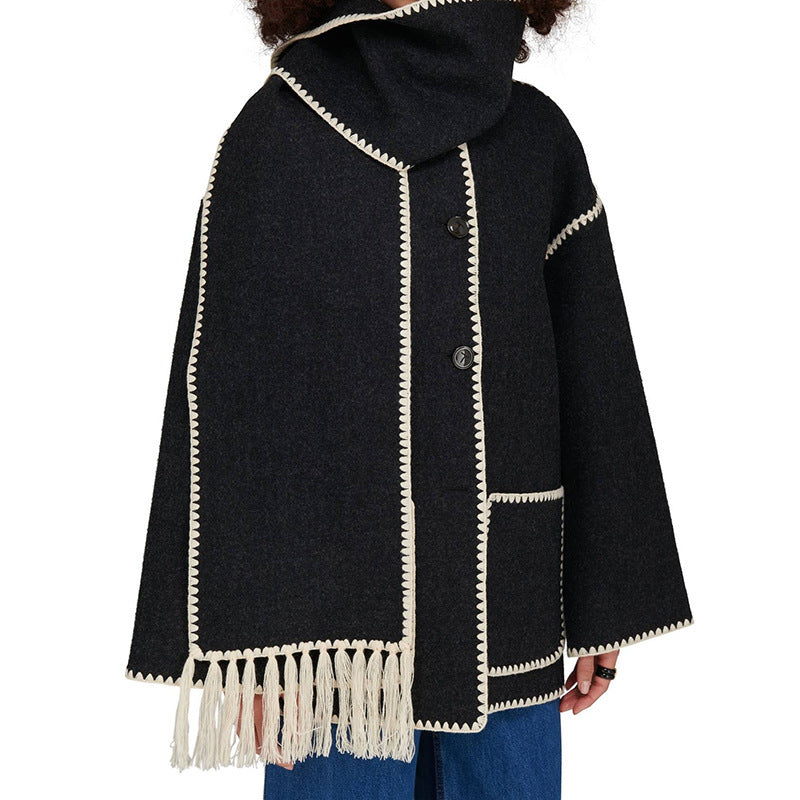 Women's Fashion Woolen Thick Loose With Scarf Coats
