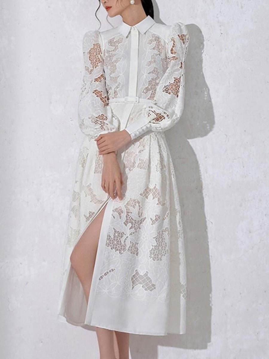 Women's Style Spring Lapel Long Lantern Sleeve Dresses