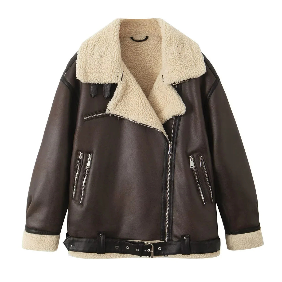 Women's Fashion Belt Zip Composite Fur Jackets