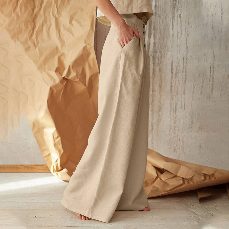 Women's High Waist Casual Button Cotton Linen Pants
