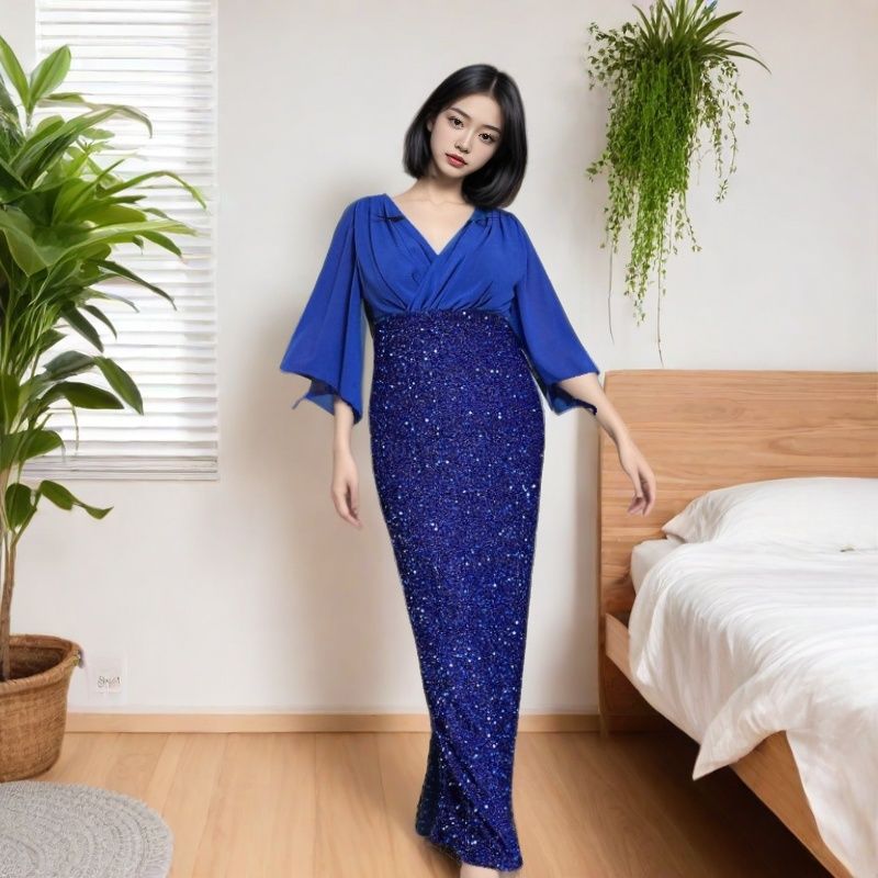 Sequin Stitching Temperament Pure Color Deep Dresses