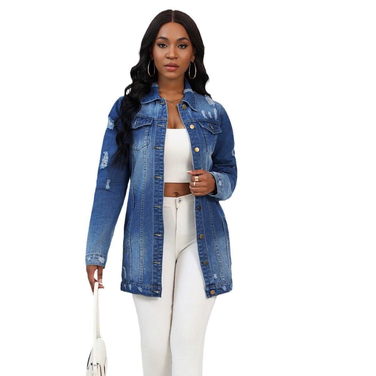 Women's Graceful Slouchy Long-sleeved Ripped Denim Jackets