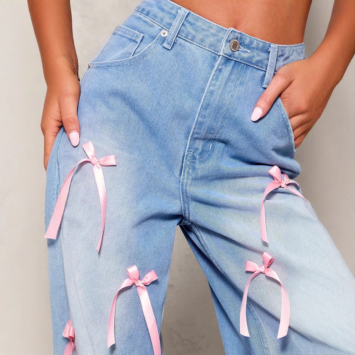 Women's Bow High Waist Wide Leg Street Jeans
