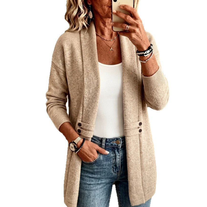 Mid-length Knitted Simple Neat Elegant Placket Double-breasted Exquisite Women's Sweater