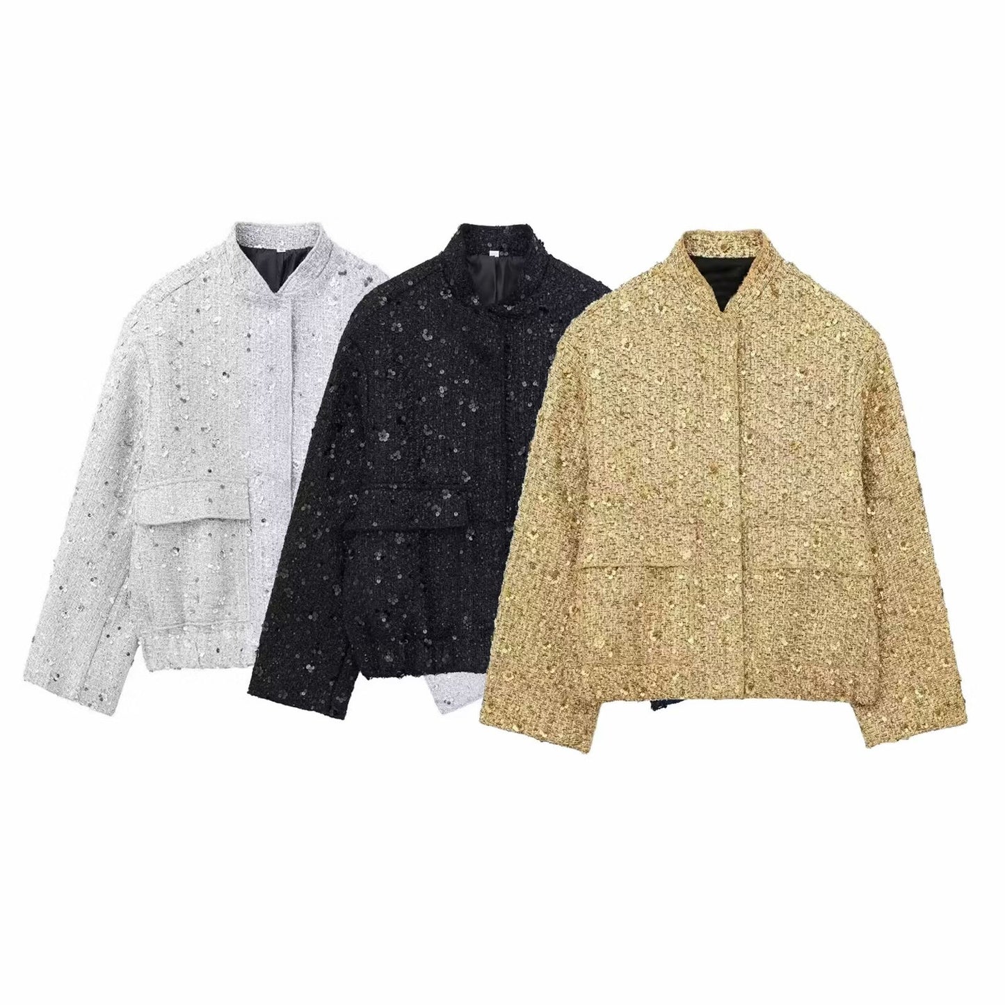 Women's Fashionable Sequins Accessories Stand-up Collar Coats