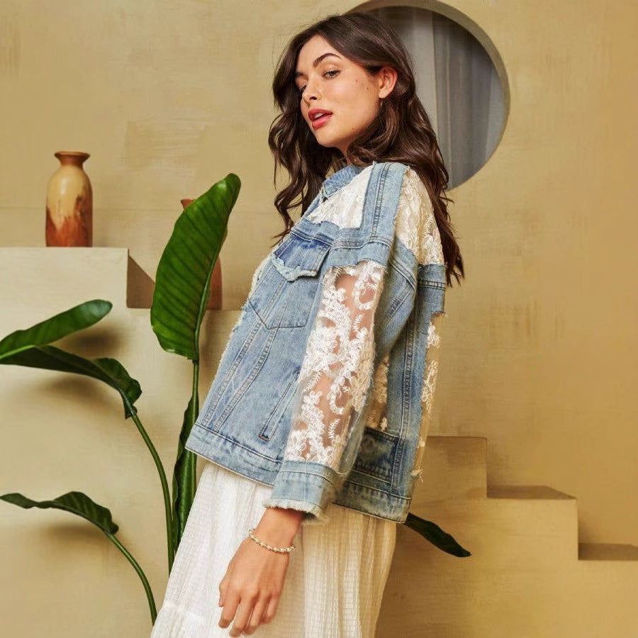 Women's Russian Ripped Mesh Patchwork Denim Jackets