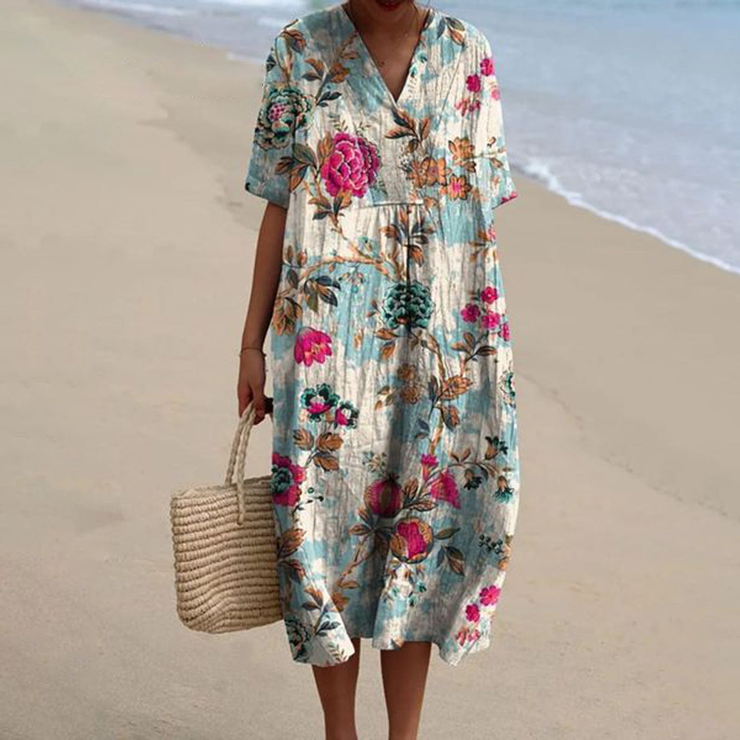 Women's Pocket Sleeve Dress Floral Plant Vacation Dresses