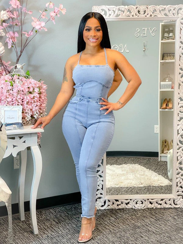 Fashion Halter Backless Bandage Sexy Denim Jumpsuits