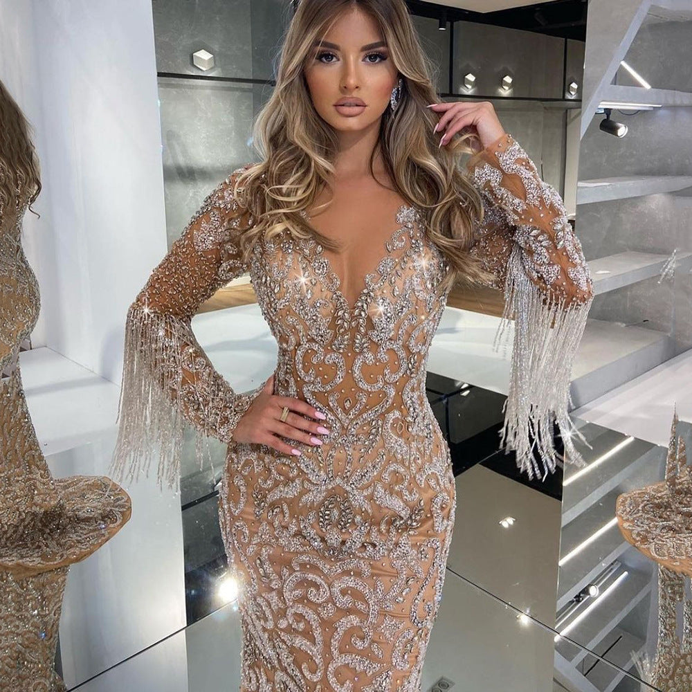 Women's Spring Dress Fishtail Gold Tassel Elegant Wedding Dresses