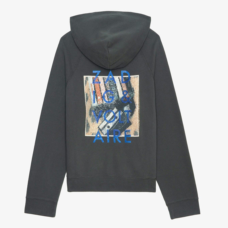 Women's French Niche Chalk Digital Printing Tape Letter Hot Drilling Sweaters