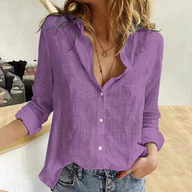 Solid Color Casual Loose Long-sleeved Linen Blouses