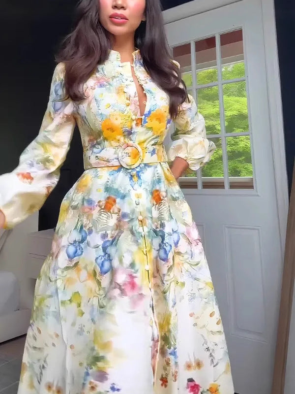 Women's Floral Dress Lantern Sleeve Slimming Retro Oil Painting Dresses